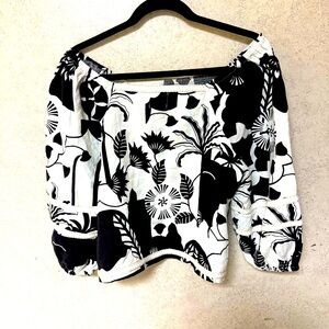 NICOLE MILLER MEDIUM WOMENS LINEN BLACK WHITE CROPPED VACATION BOHO GIRLY BLOUSE